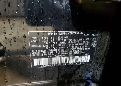 2020 Subaru Ascent Premium z USA, uszkodzony, nr VIN 4S4WMABD2L3426632